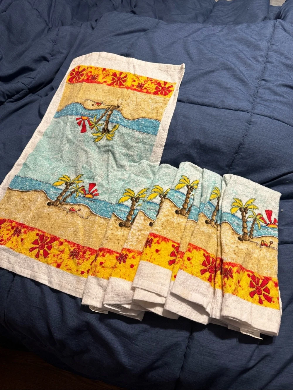Beach Palm Print Cotton Hand Towel Set - Yellow & Blue